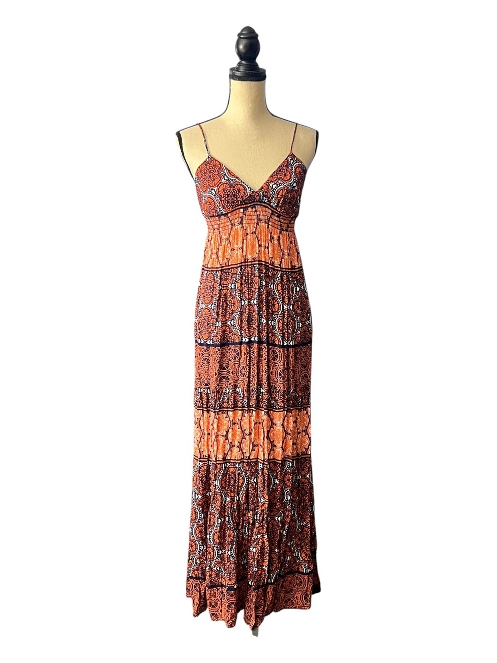 Aqua bohemian-style smocked geometric mandala tiered maxi dress Size L